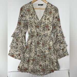 Nasty Gal Floral Long Sleeve Dress - Cream, Red, Blue